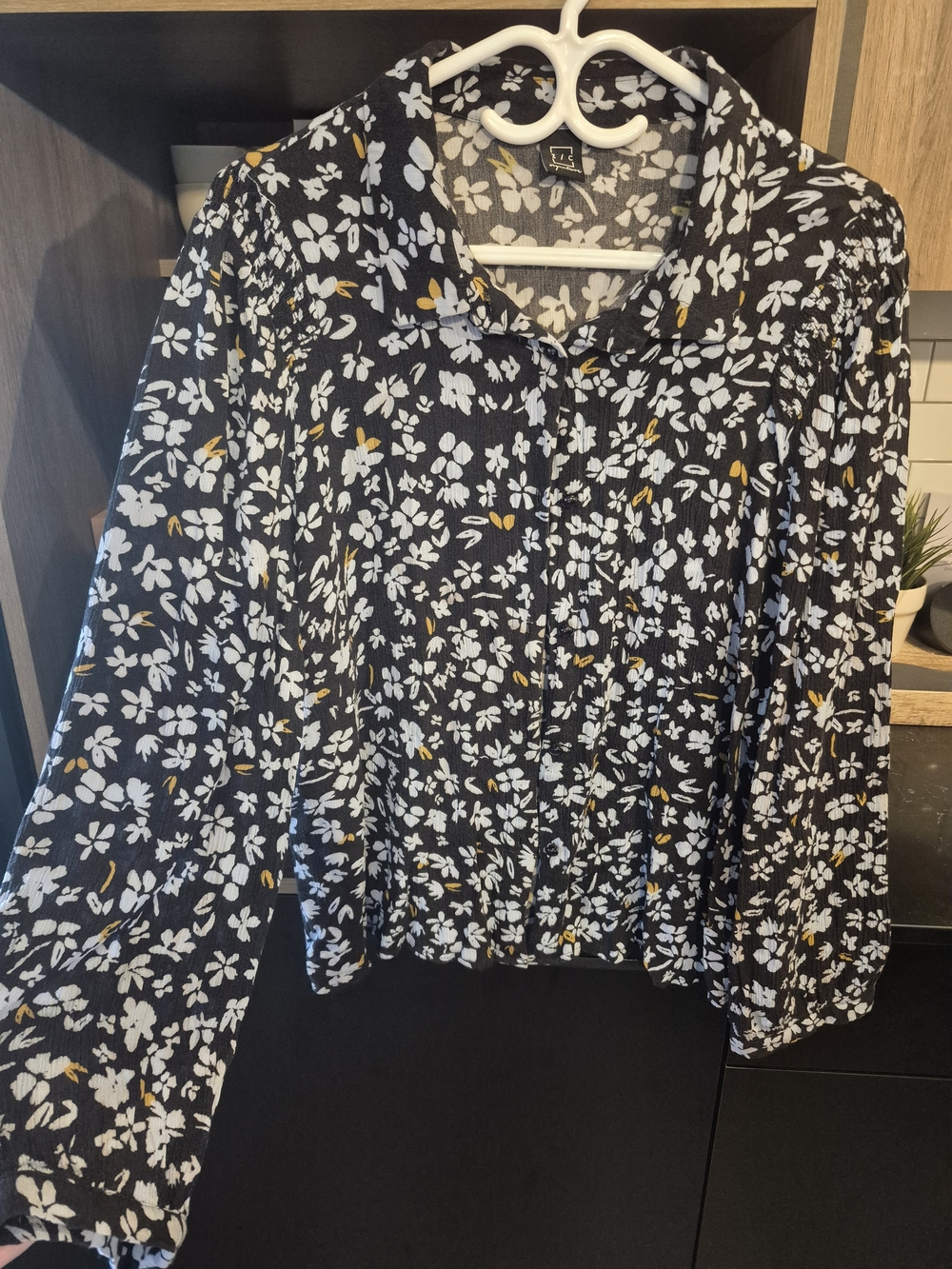 Black Floral Button-Front Blouse with White & Mustard Accents